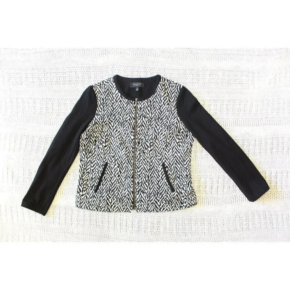 Talbots Black & white women's jackets zipper front Size 10P longs sleeve pockets
